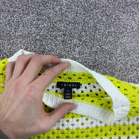 Tribal Crochet Sweater Women's Large Lime Green White Striped Open Knit - Picture 3 of 5